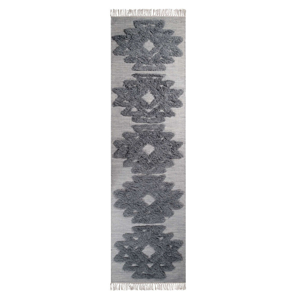Homeroots 10' Silver And Grey Wool Geometric Flatweave Handmade Stain Resistant Runner Rug With Fringe  Wool 487290