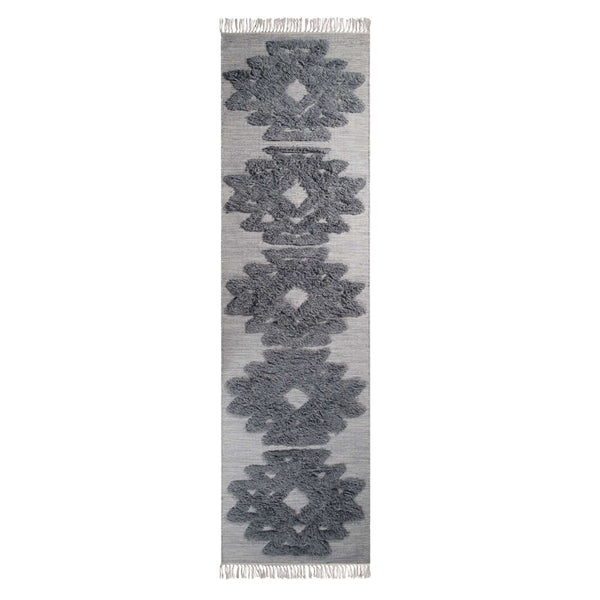 Homeroots 10' Silver And Grey Wool Geometric Flatweave Handmade Stain Resistant Runner Rug With Fringe  Wool 487290