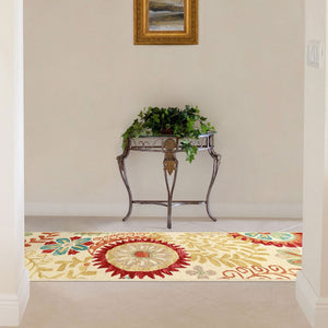 HomeRoots 8' Elegant Cream Red and Teal Wool Medallion Runner Rug for Stylish High-Traffic Spaces 8' Runner 487303