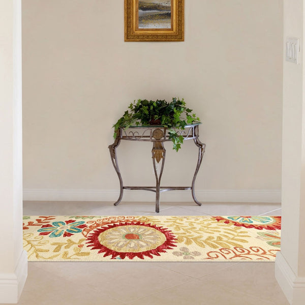 HomeRoots 8' Elegant Cream Red and Teal Wool Medallion Runner Rug for Stylish High-Traffic Spaces 8' Runner 487303
