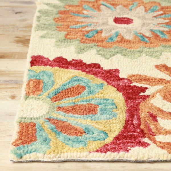 HomeRoots 8' Elegant Cream Red and Teal Wool Medallion Runner Rug for Stylish High-Traffic Spaces 8' Runner 487303