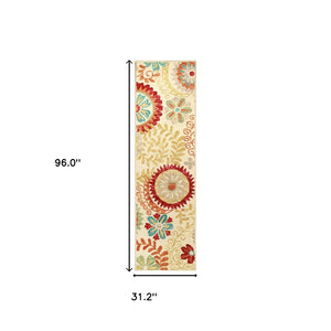 HomeRoots 8' Elegant Cream Red and Teal Wool Medallion Runner Rug for Stylish High-Traffic Spaces 8' Runner 487303