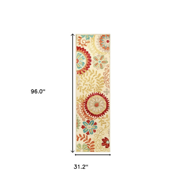 HomeRoots 8' Elegant Cream Red and Teal Wool Medallion Runner Rug for Stylish High-Traffic Spaces 8' Runner 487303