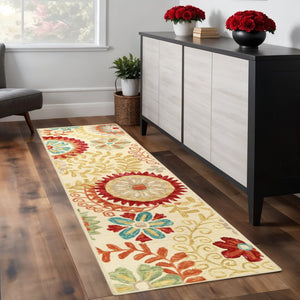 HomeRoots 8' Elegant Cream Red and Teal Wool Medallion Runner Rug for Stylish High-Traffic Spaces 8' Runner 487303