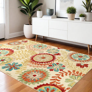 HomeRoots 8' Elegant Cream Red and Teal Wool Medallion Runner Rug for Stylish High-Traffic Spaces 4' X 6' 487305