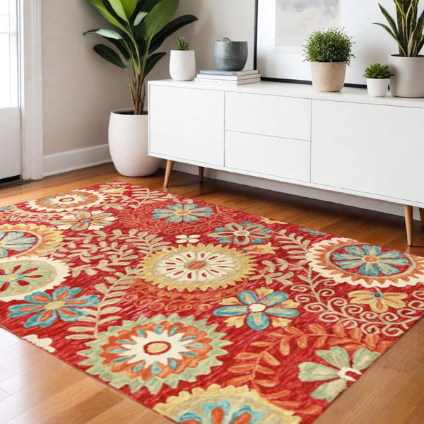 HomeRoots 8' Hand-Tufted Wool Runner Rug in Rust Red and Teal Medallion - Durable, Soft, and Stylish Decor 4' X 6' 487306