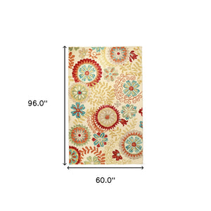 Homeroots 5' X 8' Cream Wool Medallion Tufted Handmade Stain Resistant Area Rug  Wool 487307