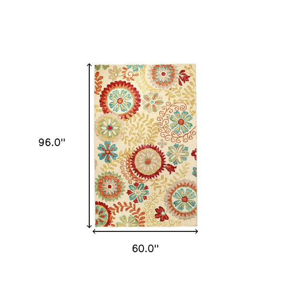 Homeroots 5' X 8' Cream Wool Medallion Tufted Handmade Stain Resistant Area Rug  Wool 487307