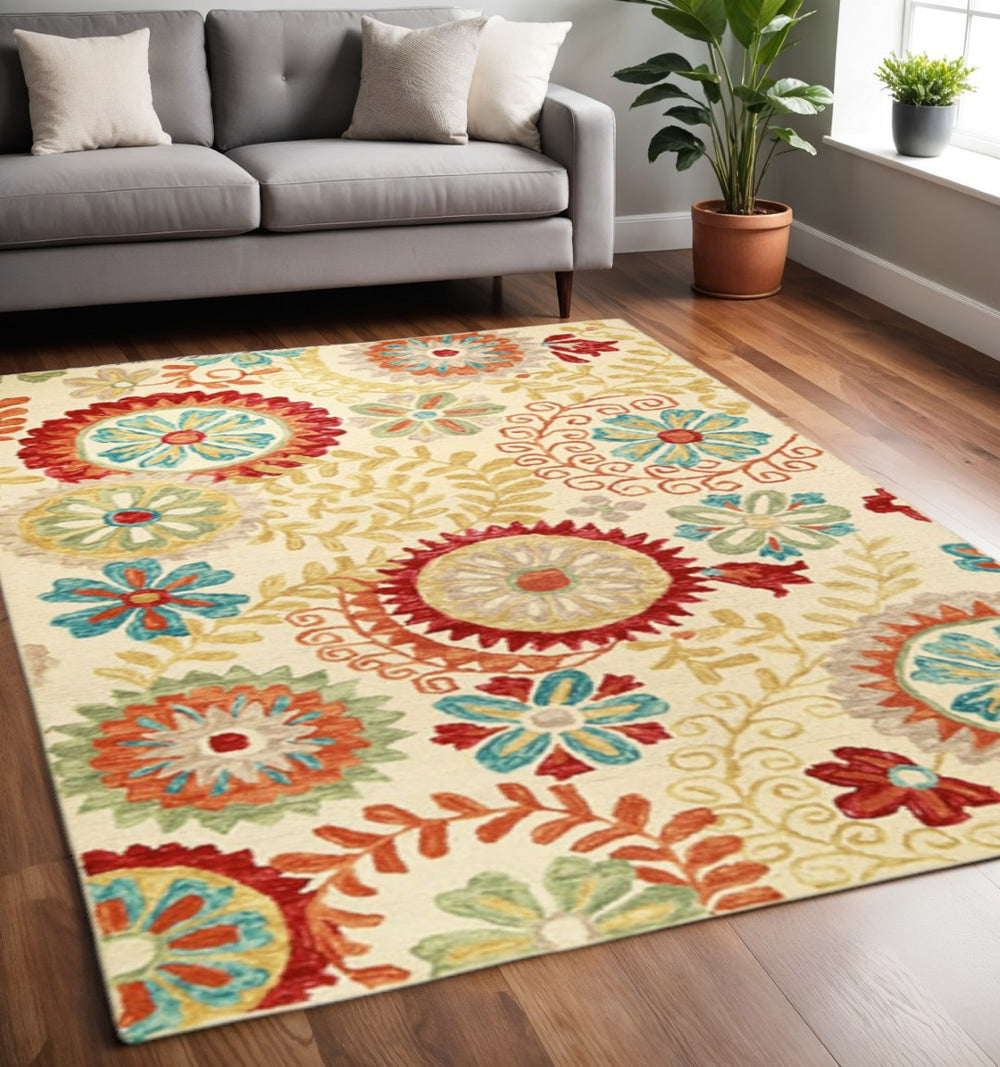HomeRoots 5' Cream Red and Teal Wool Medallion Hand-Tufted Area Rug - Timeless Style for Cozy Living Spaces 5' X 8' 487307