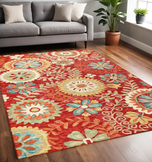 HomeRoots 8' Hand-Tufted Wool Runner Rug in Rust Red and Teal Medallion - Durable, Soft, and Stylish Decor 5' X 8' 487308