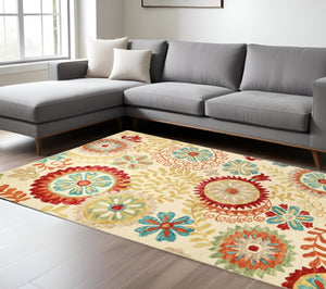HomeRoots 5' Cream Red and Teal Wool Medallion Hand-Tufted Area Rug - Timeless Style for Cozy Living Spaces 8' X 10' 487309