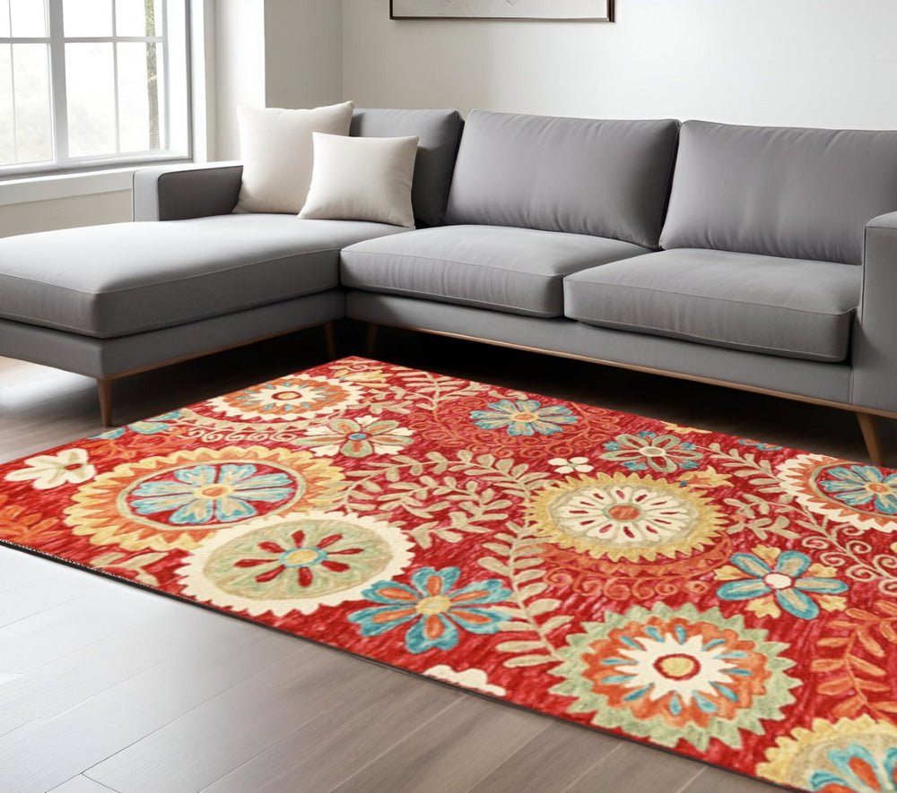 HomeRoots 8' Hand-Tufted Wool Medallion Area Rug in Rich Rust Red and Teal for Timeless Home Elegance 8' X 10' 487310