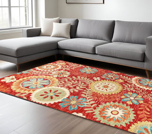 HomeRoots 8' Hand-Tufted Wool Medallion Area Rug in Rich Rust Red and Teal for Timeless Home Elegance 8' X 10' 487310