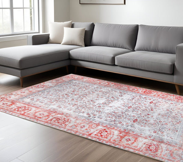 HomeRoots 6' Red and Gray Oriental Area Rug - Timeless Design for High-Traffic Areas, Soft, Stain-Resistant Elegance 6' X 9' 487315