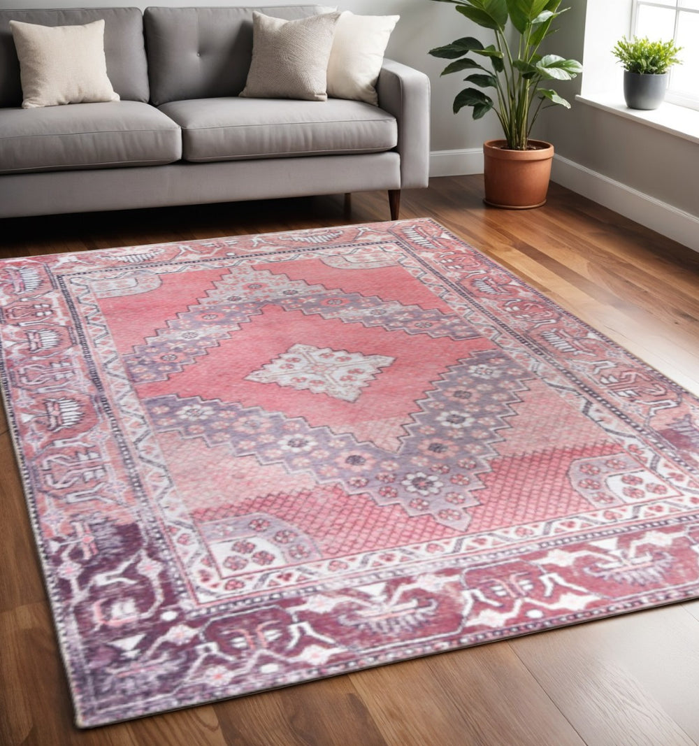 HomeRoots 6' Red and Gray Oriental Area Rug - Timeless Design for High-Traffic Areas, Soft, Stain-Resistant Elegance 5' X 8' 487317