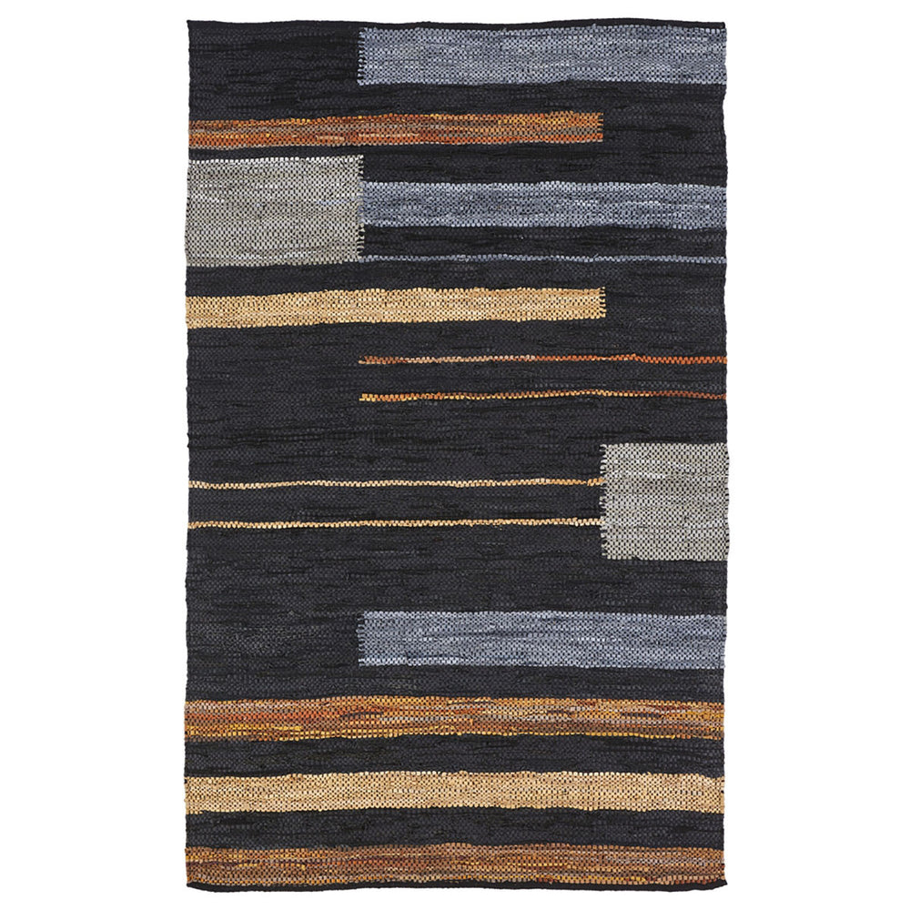 Homeroots 5' X 8' Navy Blue Striped Hand Woven Stain Resistant Area Rug  Leather,Cotton 487325
