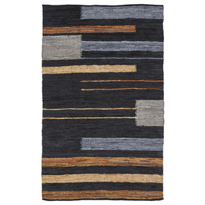 Homeroots 5' X 8' Navy Blue Striped Hand Woven Stain Resistant Area Rug  Leather,Cotton 487325