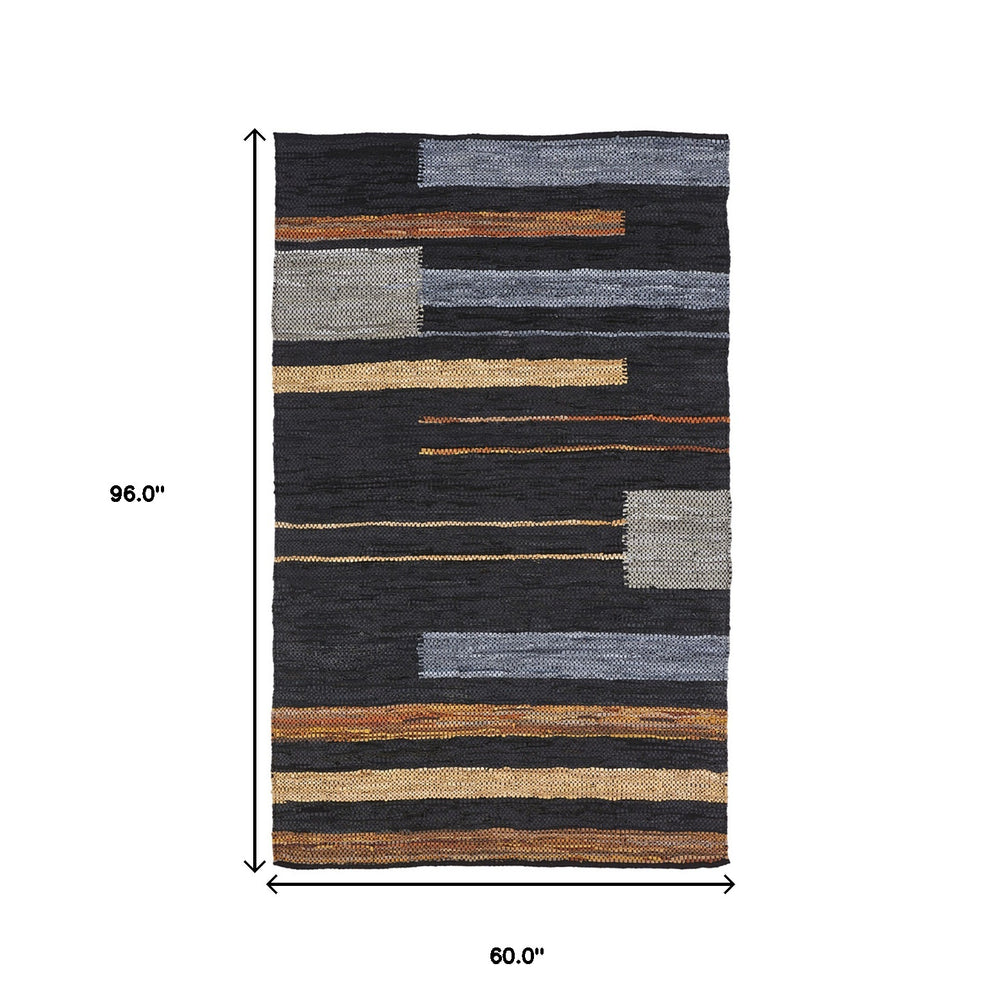 Homeroots 5' X 8' Navy Blue Striped Hand Woven Stain Resistant Area Rug  Leather,Cotton 487325