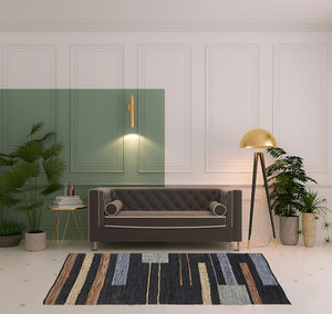 Homeroots 5' X 8' Navy Blue Striped Hand Woven Stain Resistant Area Rug  Leather,Cotton 487325