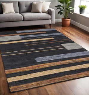 HomeRoots 5' Handmade Flatweave Area Rug in Navy Blue, Black, and Brown – Durable, Stain-Resistant Design 5' X 8' 487325