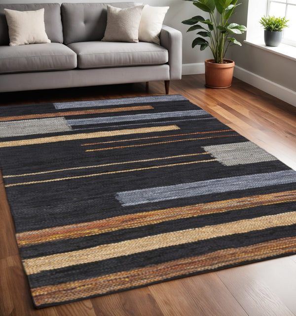 HomeRoots 5' Handmade Flatweave Area Rug in Navy Blue, Black, and Brown – Durable, Stain-Resistant Design 5' X 8' 487325