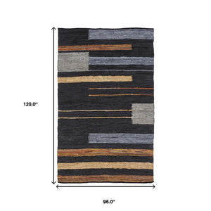 Homeroots 8' X 10' Navy Blue Striped Hand Woven Stain Resistant Area Rug  Leather,Cotton 487328