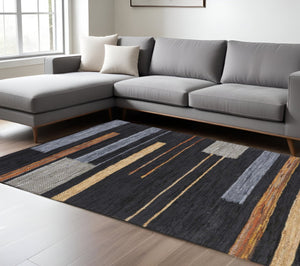 HomeRoots 8' Handmade Flatweave Area Rug - Striped Navy Blue, Black & Brown Design for Modern Living Spaces 8' X 10' 487328