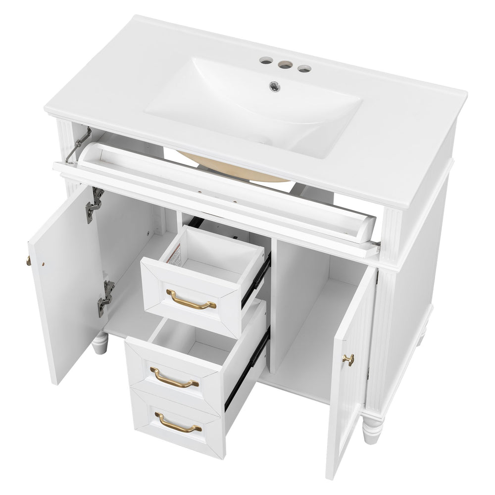 English Elm 36 Inch Bathroom Vanity with Ceramic Sink, Durable MDF & Solid Wood Frame, Soft-Close Doors, Luxe Handles, Ample Organized Storage, Modern Freestanding Design White N725P314034K