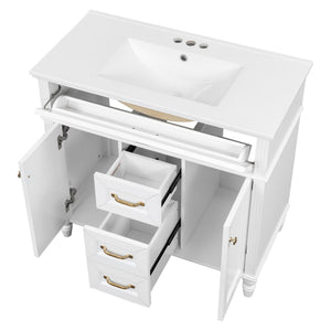 English Elm 36 Inch Bathroom Vanity with Ceramic Sink, Durable MDF & Solid Wood Frame, Soft-Close Doors, Luxe Handles, Ample Organized Storage, Modern Freestanding Design White N725P314034K