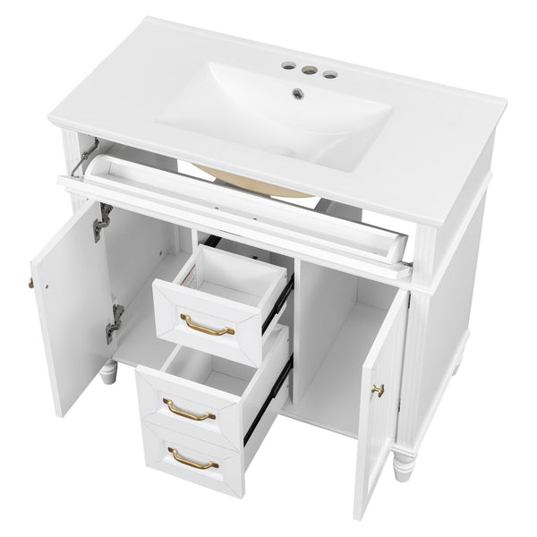 English Elm 36 Inch Bathroom Vanity with Ceramic Sink, Durable MDF & Solid Wood Frame, Soft-Close Doors, Luxe Handles, Ample Organized Storage, Modern Freestanding Design White N725P314034K