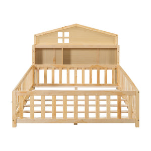 English Elm Full-size Montessori Floor Bed with Built-In Bookcase and Chalkboard, Space-Saving Solid Wood Platform for Kids Natural 56.3 L x 17.32 W x 5.31 H W1716S00014