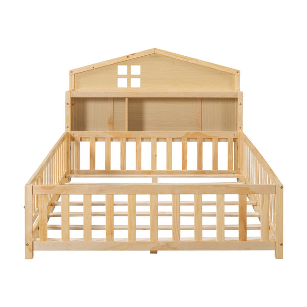 English Elm Full-size Montessori Floor Bed with Built-In Bookcase and Chalkboard, Space-Saving Solid Wood Platform for Kids Natural 56.3 L x 17.32 W x 5.31 H W1716S00014