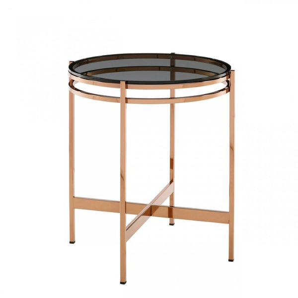 HomeRoots 22" Rosegold and Smoke Glass Geometric End Table - Elegant Accent for Living Room or Bedroom Décor 487336