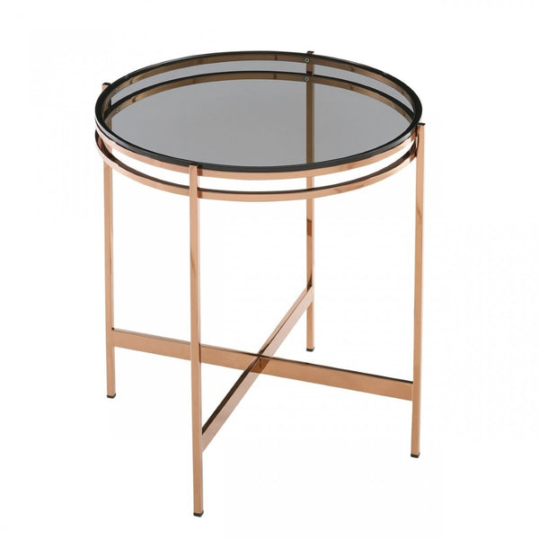 HomeRoots 22" Rosegold and Smoke Glass Geometric End Table - Elegant Accent for Living Room or Bedroom Décor 487336