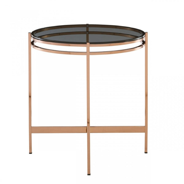 HomeRoots 22" Rosegold and Smoke Glass Geometric End Table - Elegant Accent for Living Room or Bedroom Décor 487336