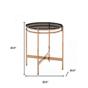 HomeRoots 22" Rosegold and Smoke Glass Geometric End Table - Elegant Accent for Living Room or Bedroom Décor 487336