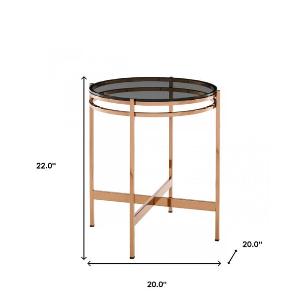 HomeRoots 22" Rosegold and Smoke Glass Geometric End Table - Elegant Accent for Living Room or Bedroom Décor 487336