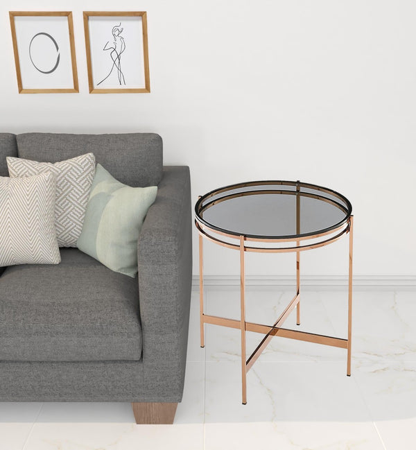 HomeRoots 22" Rosegold and Smoke Glass Geometric End Table - Elegant Accent for Living Room or Bedroom Décor 487336