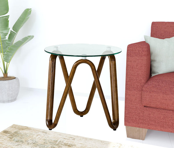 Homeroots 20" Walnut And Clear Glass  Solid Wood Ribbon Base Round End Table   487351