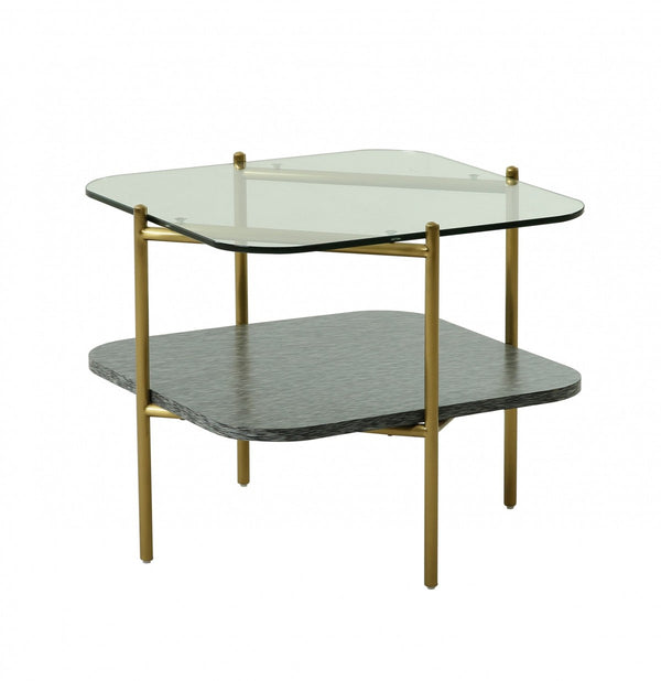Homeroots 20" Gold And Clear Glass And Metal Square End Table With Shelf   487355