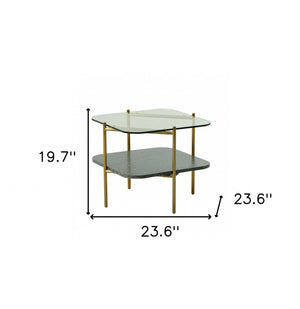 Homeroots 20" Gold And Clear Glass And Metal Square End Table With Shelf   487355
