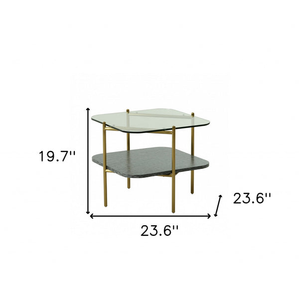 Homeroots 20" Gold And Clear Glass And Metal Square End Table With Shelf   487355