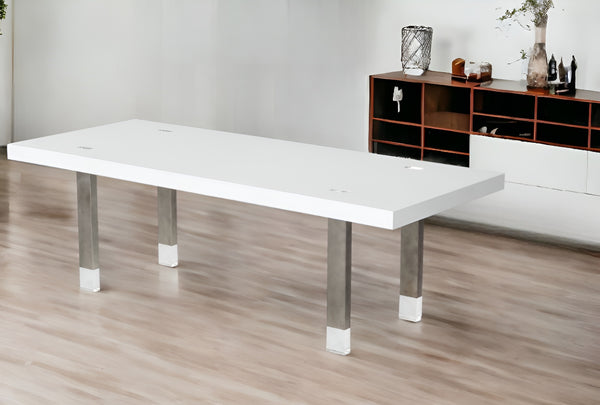 Homeroots 95" White And Gray Stainless Steel Dining Table   487358