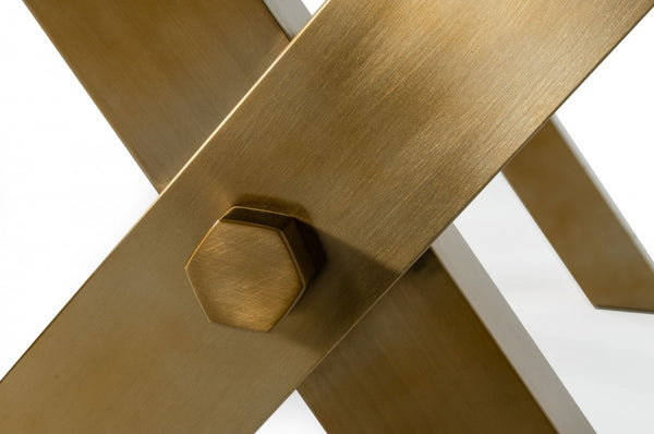 Homeroots 87" Clear And Gold Glass And Stainless Steel Sled Base Dining Table   487359