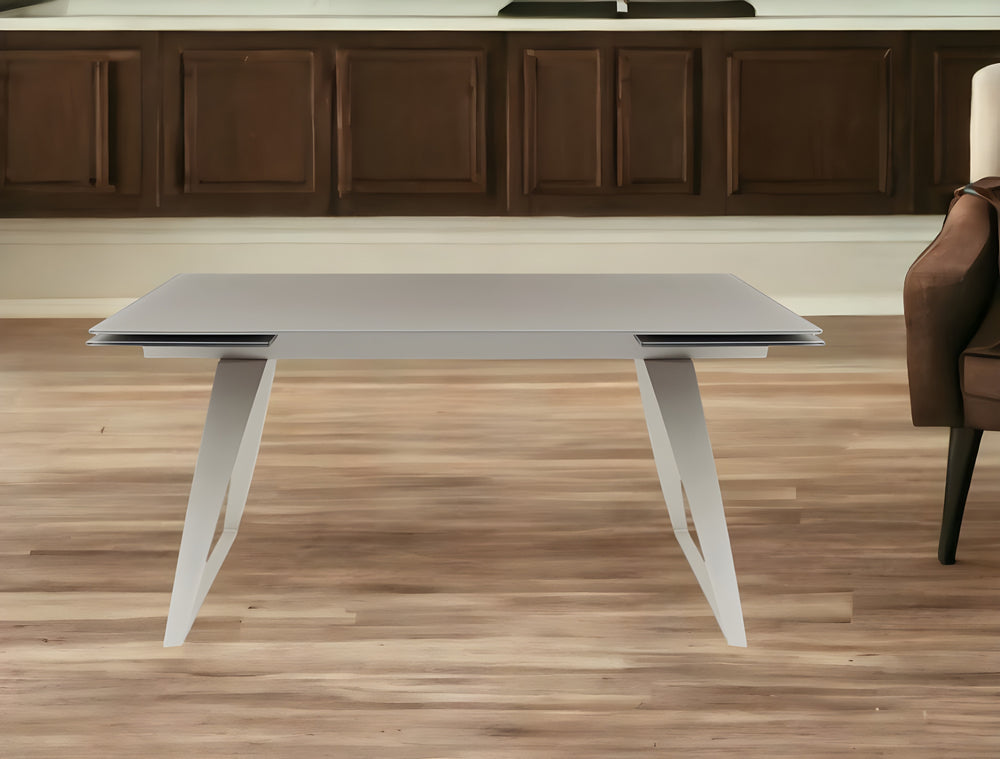 Homeroots 94" Gray Glass And Metal Self-storing Leaf Sled Base Dining Table   487360