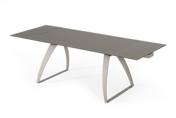 Homeroots 94" Gray Glass And Metal Self-storing Leaf Sled Base Dining Table   487360