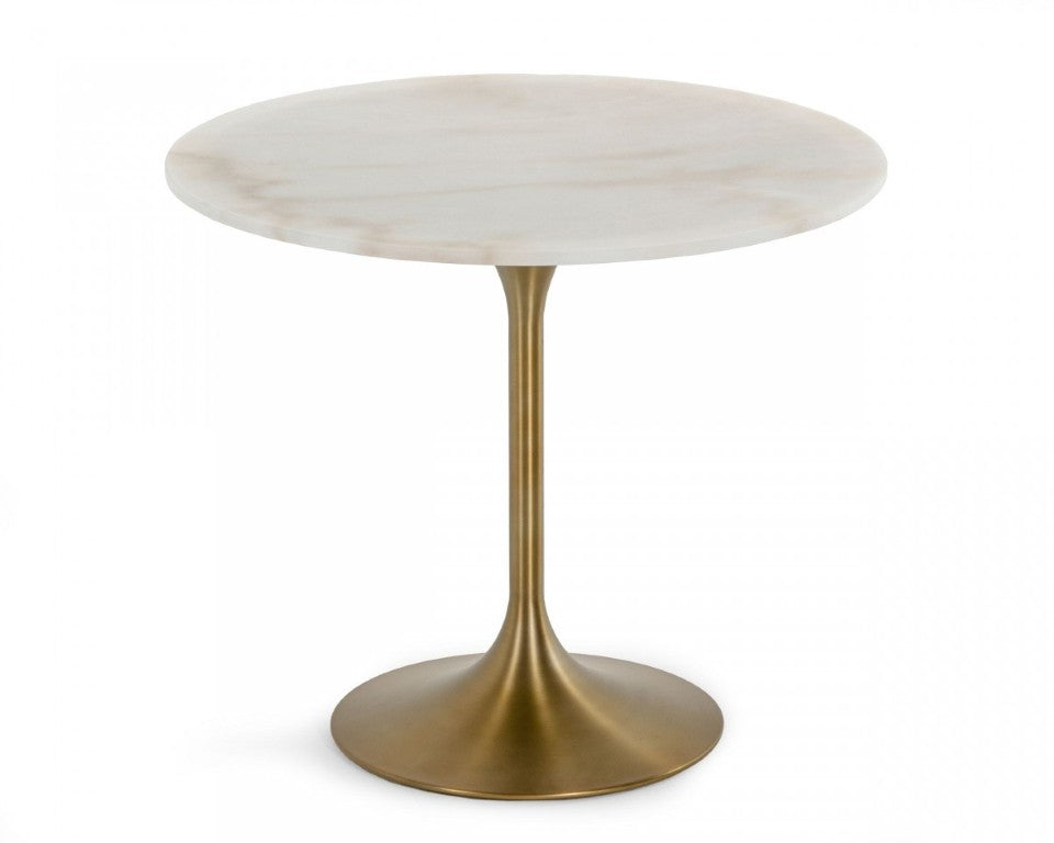 HomeRoots 35 Inch Round Marble Top Dining Table with Gold Metal Base for Glam Interiors 487361