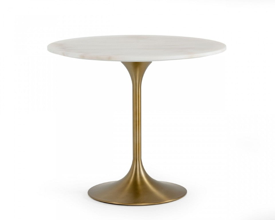 HomeRoots 35 Inch Round Marble Top Dining Table with Gold Metal Base for Glam Interiors 487361
