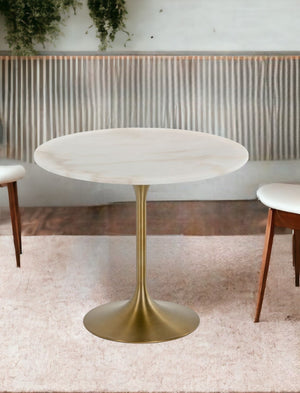 Homeroots 35" White And Gold Rounded Marble And Metal Dining Table   487361
