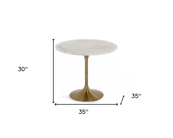 Homeroots 35" White And Gold Rounded Marble And Metal Dining Table   487361